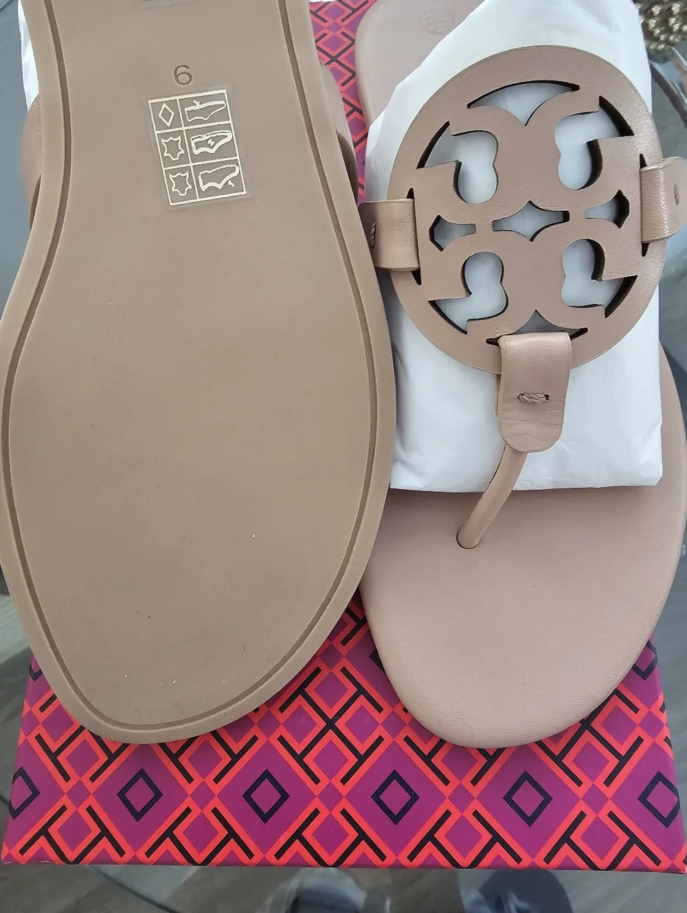 Tory Burch Miller Calf Leather Logo Thong Sandals in Light Sand.